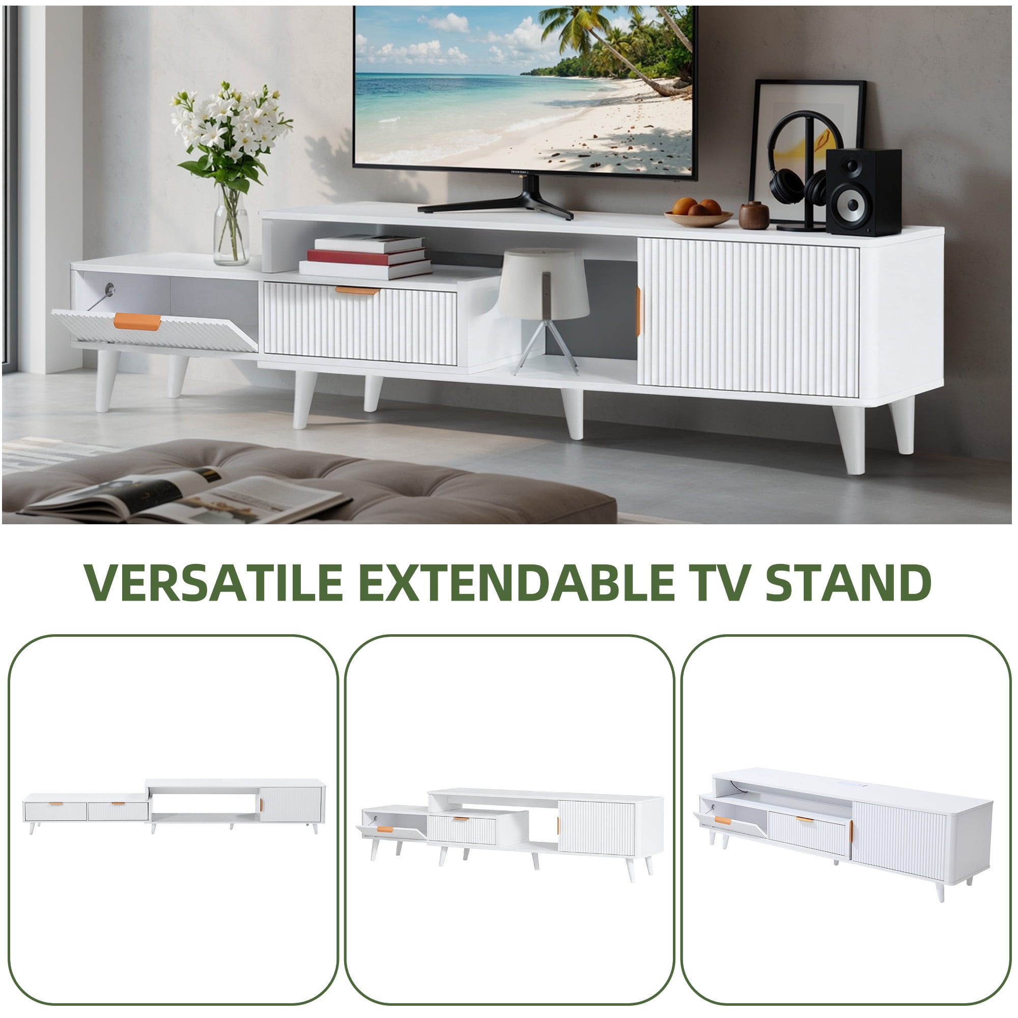 Uforic Extendable TV Stand for 100 Inch TV, Modern Fluted Entertainment Center with LED Light & Power Outlet, Freestanding Media Console with 1 Drawer & 2 Storage Cabinets, White