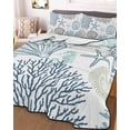 thumbnail image 3 of Quilts Full Size Bedding Set, Blue Teal Coastal Lightweight Quilted Comforter, Summer Beach Coral Shell Starfish Soft Reversible Bedspread Coverlet with Pillow Covers for All Season, 78" x 90", 3 of 7