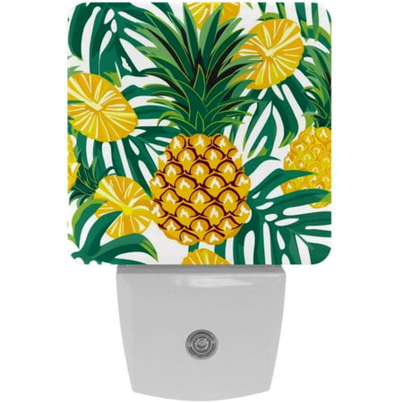 

2-Pin Plug into Wall [2 Pack] Pineapple Hawaii Palm Leaves Pattern Decorative Night Light with Auto Dusk to Dawn Sensor Square LED 0.5W Plastic Night Light