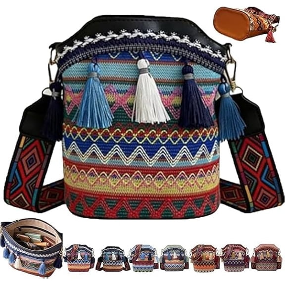 Handmade Vintage Woven Bucket Bag with Geometric Patterns and Tassel, Crossbody Shoulder Bag for Women