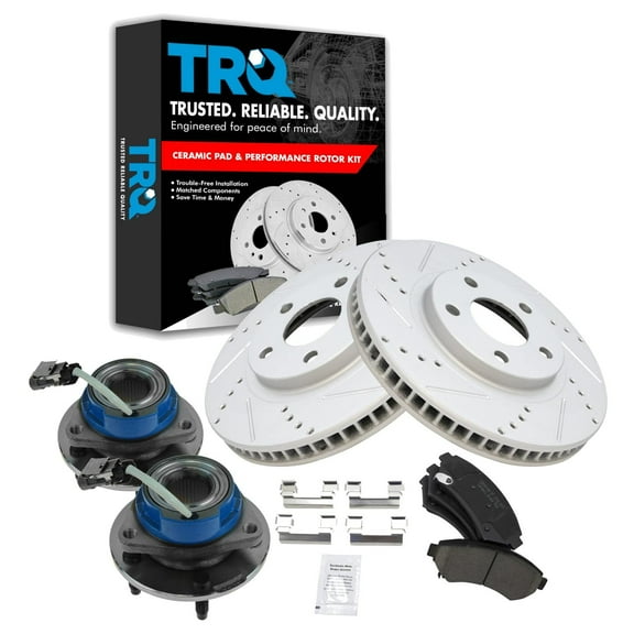TRQ Front Wheel Hub Performance Drilled Slotted Brake Rotor & Posi Ceramic Pad Kit