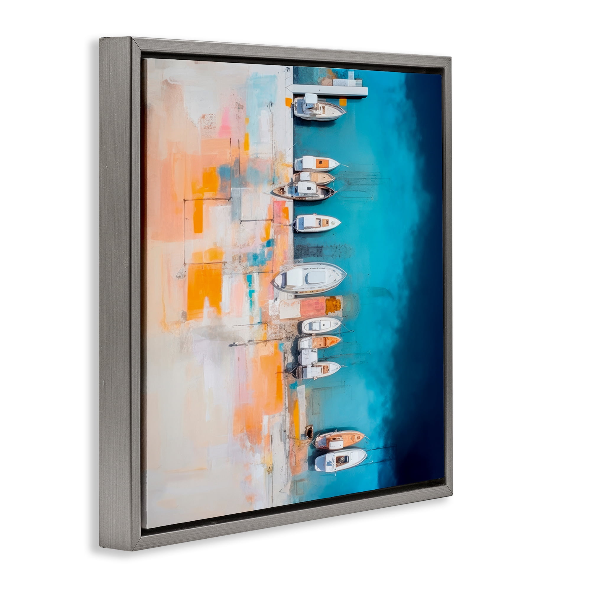 Stupell Industries Boat Harbor Aerial View Transportation Painting Gray Floater Framed Canvas Art Print Wall Art, 18 x 18