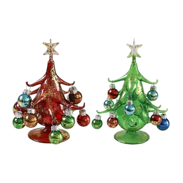 2 miniárboles de Navidad de cristal, decoración en miniatura, estatua de cristal para árbol de Navidad Verde y rojo