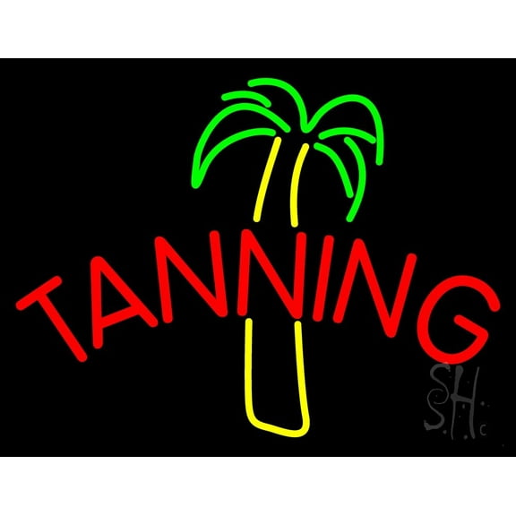 Tanning With Palm Tree LED Neon Sign 24 x 31 - inches, Black Square Cut Acrylic Backing, with Dimmer - Bright and Premium built indoor LED Neon Sign for Defence Force.