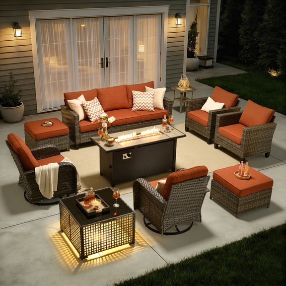 ODELIO 10-Piece Outdoor Patio Furniture Set, All-Weather Wicker Conversation Set with Propane Fire Pit Table, Swivel Rocking Chairs & Solar LED Coffee Table for Backyard, Deck & Porch, Orange Red