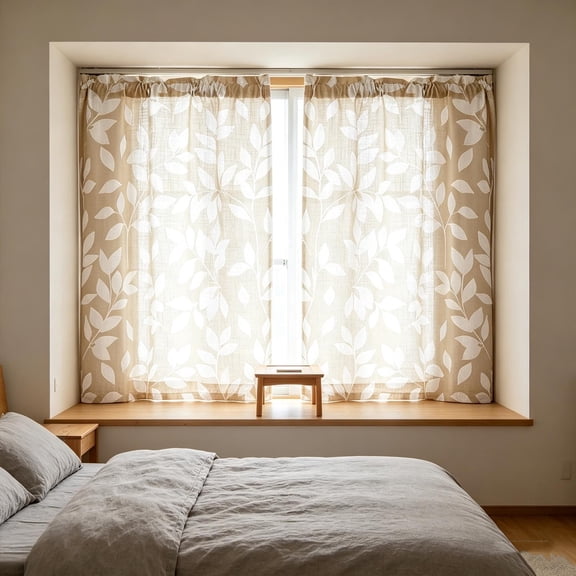 2 Pcs Farmhouse Rod Pocket Kitchen Tier Curtains,Beige White Leaf Print Short Curtains,Light Filtering Window Treatments for Bathroom,Bedroom,Living Room and Cafe