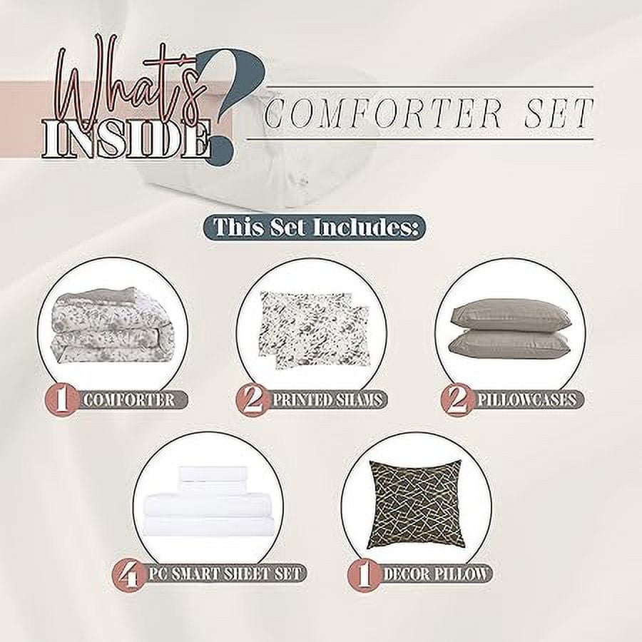 Elegant Comfort Reversible 10-Piece Comforter Set, Tie-Dye Print, Decorative Pillow and Fitted Sheet with Smart Pockets, Soft, Plush, Lightweight Material, 10pc Tie-Dye Set, Twin, Gray