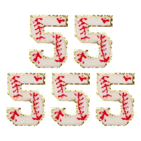 5 Pcs Baseball Number Patches Iron on, 2.76"x1.93" Chenille Number 5 Patches Golden Glitter Embroidered (White)