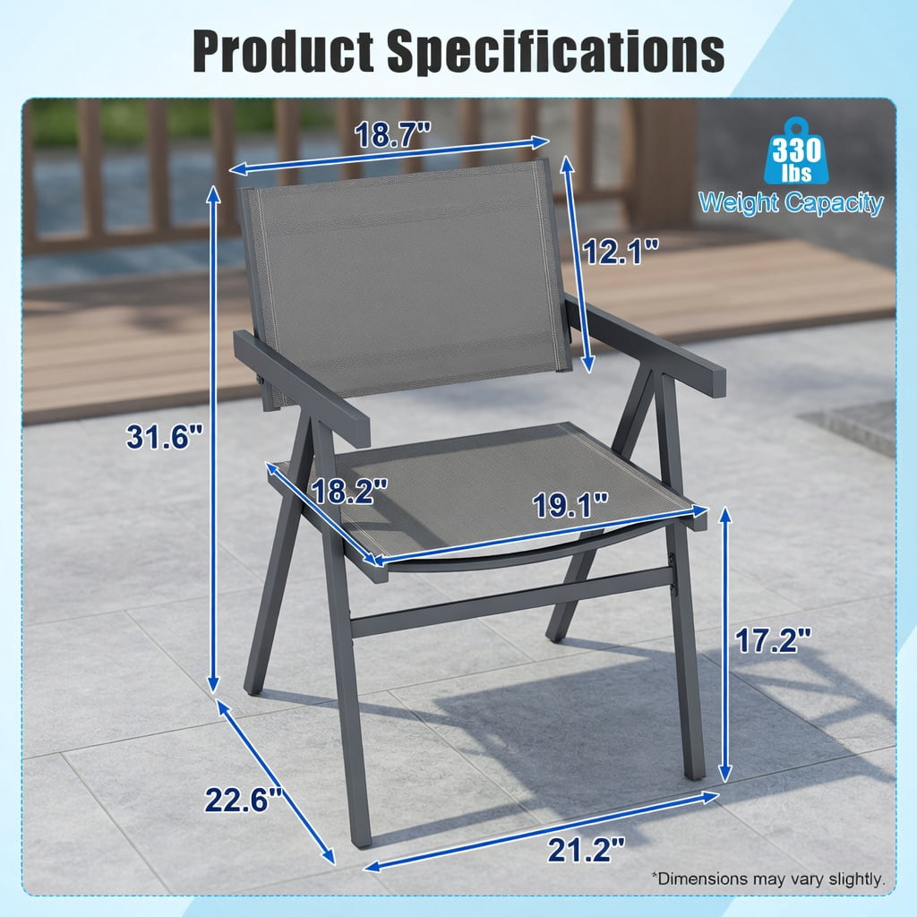 Hommoo 4-Pack Outdoor Patio Dining Chairs, Breathable Fabric Seat, Powder-Coated Metal Frame, Fade-Resistant & Ergonomic for Patio, Poolside & Backyard, Gray