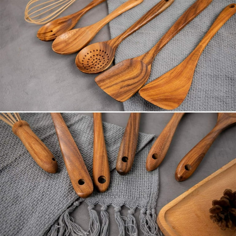 Spoons for Cooking, 10 Pcs Teak Wood Cooking Utensil Set - Wooden