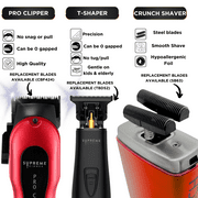 Supreme Trimmer 3-in-1 Barber Bundle | Pro Clipper, DLC T-Shaper Trimmer & Crunch Foil Shaver | Professional Beard Trimmer Men’s Hair Clipper Kit | Red