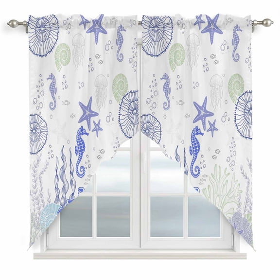 Coastal Purple Kitchen Window Curtains, Swag Curtains Valance for Bedroom Living Room Bathroom, Ocean Coral Starfish Jellyfish Seahorse Rod Pocket Window Curtain Block Drapes 2 Panels 28"x36"