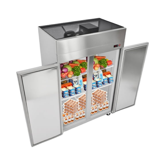 KFFKFF Commercial Stainless Steel Refrigerator 48" W, 33 Cu.Ft Upright Cooler with Double Glass Doors, Auto-Defrost, 6 Adjustable Shelves, 32 to 50℉ Temperature Range, UL Certified