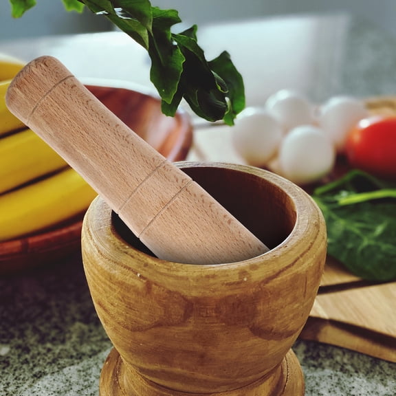Minkissy Wooden Pestle with Ergonomic Handle for Kitchen Grinding and Fermentation, Khaki Color, 1 Piece Tool