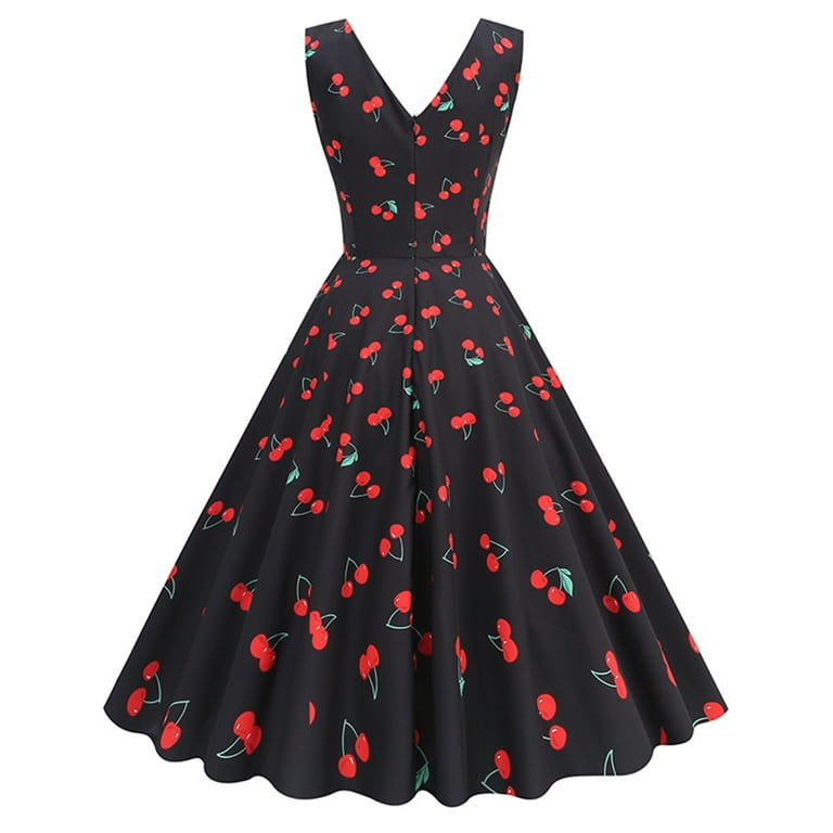 black strawberry dress Unique Vintage Plus Size Black & Pink Strawberry Lamar Swing Dress 5X/32W-34W