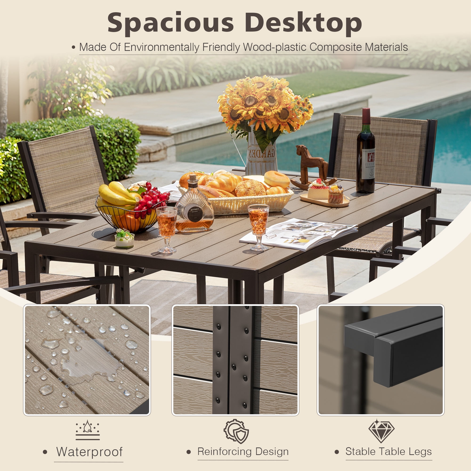 Vineego 7-Piece Outdoor Dining Set for 6, Easy-to-Store Textilene Patio Chairs Rectangular Metal Table for Backyard, Garden, Brown