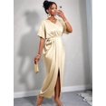 thumbnail image 4 of Women'S Satin Silky Long Sleeve V Neck Lace Up High Waist Side Split Maxi Dress Khaki XL, 4 of 7