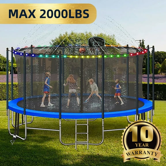 16FT Trampoline for 8-9 Kids Adults with Basketball Hoop, Enclosure, Light, Sprinkler, Socks, 2000LBS Outdoor Round Heavy Duty Recreational Backyard Trampoline
