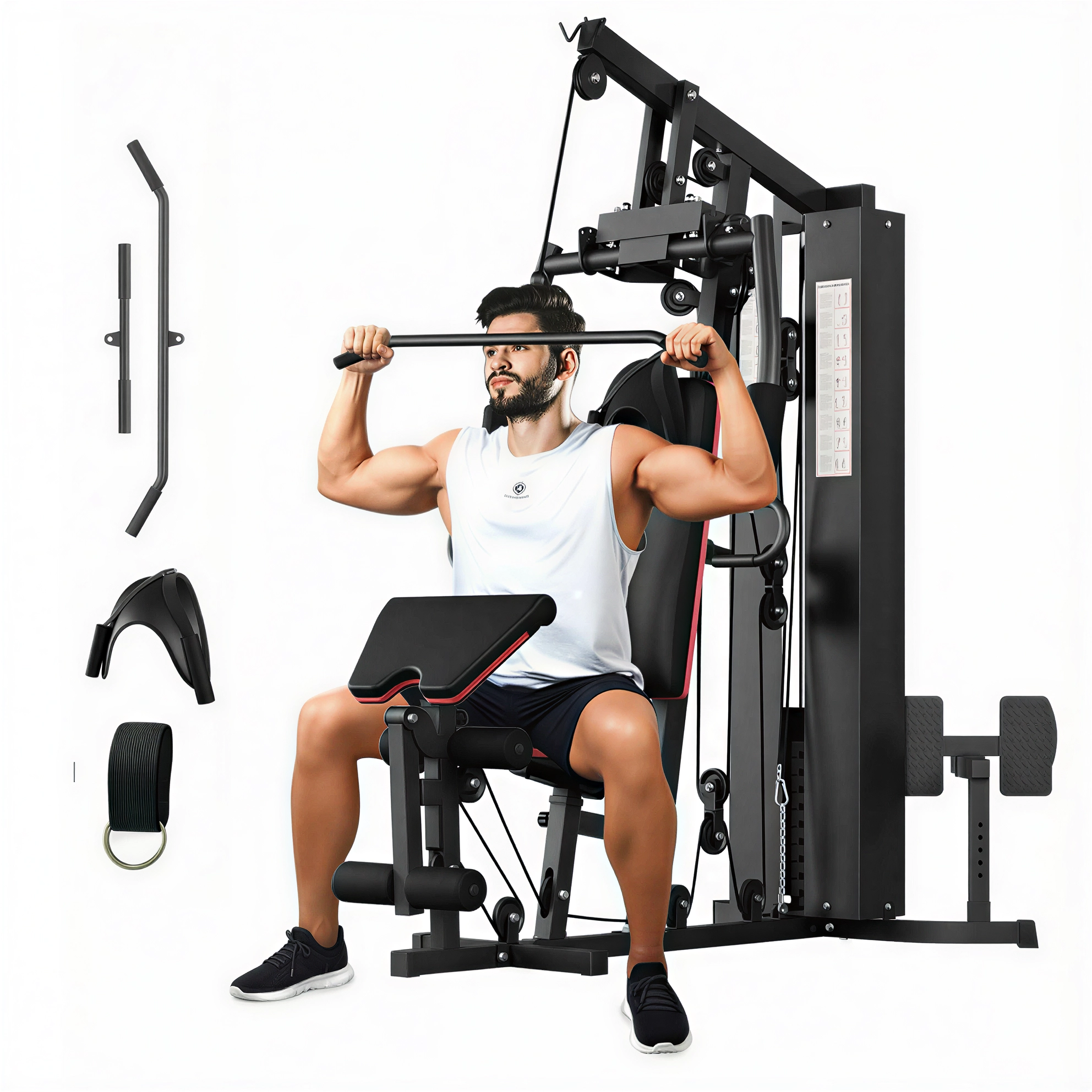 GARVEE Home Gym Station,Multifunctional Full Body Workout Machine with 150LBS Weight Stack,Preacher Curl Pad,Leg Developer for Strength Training,Black