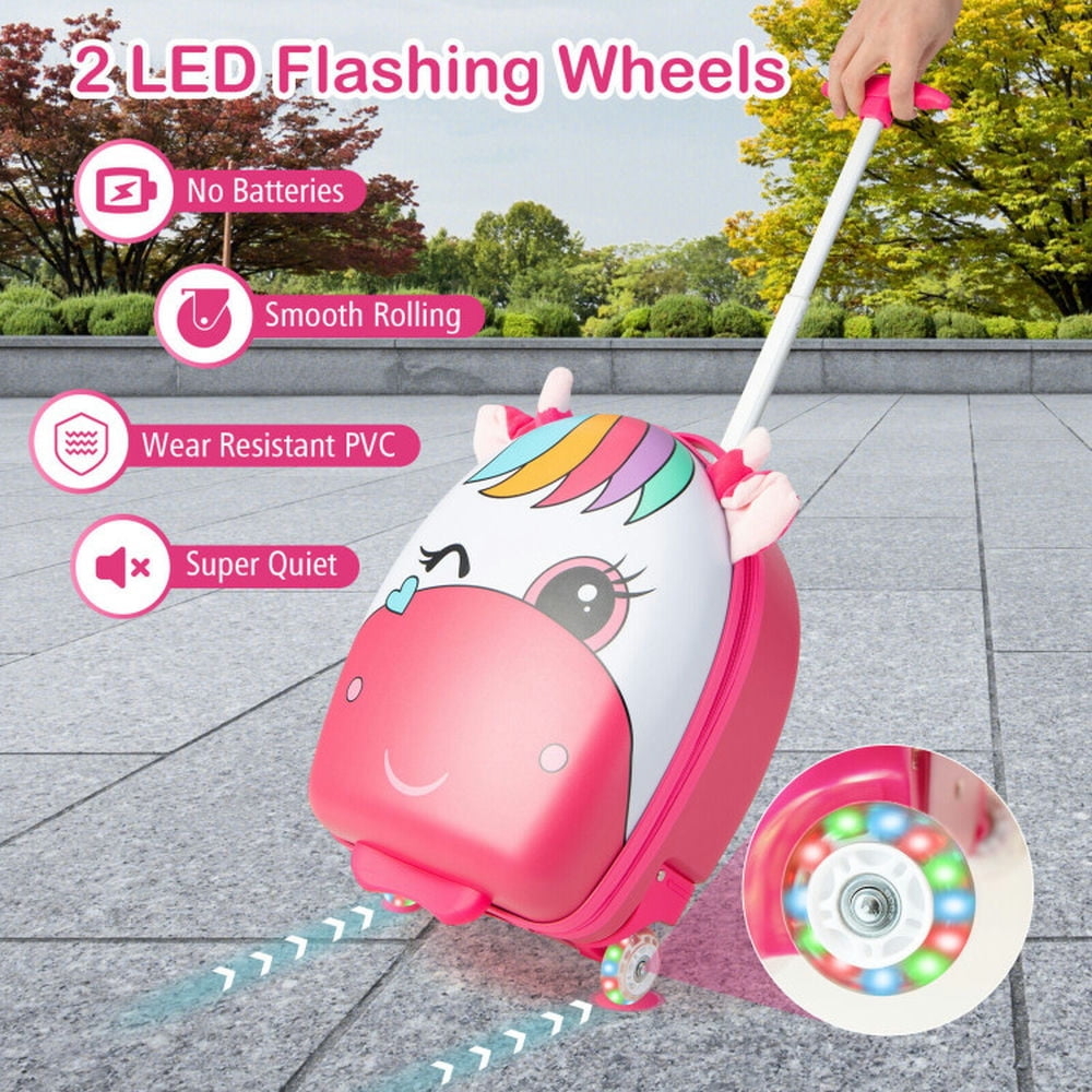 Resenkos Luggage Expandable Suitcase,16 Inch Kids Rolling Luggage with 2 Flashing Wheels and Telescoping Handle-Pink