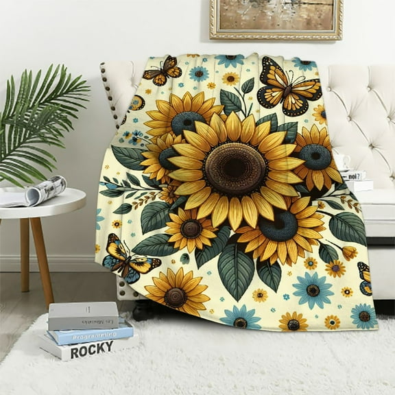 COMIO Sunflower Blanket Sunflower Gifts for Women Throw Blanket,Sunflower Gifts Bedding Decor White Throw Blanket,Sunflower Stuff Decorations Warm Soft Sherpa Thick Blanket for Bed Sofa Office