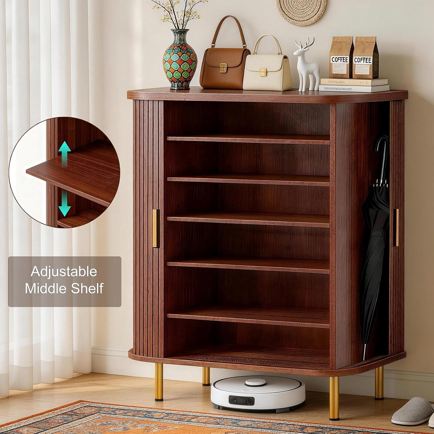 avobird 31.5 " Modern Minimalist Freestanding Shoe Cabinet, Sliding-Door Shoe Cabinet with Six Adjustable Shelves for Entryway, Walnut