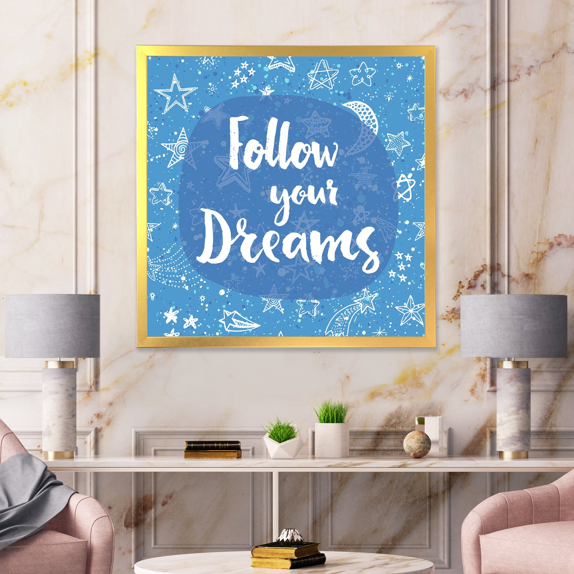 Designart 'Follow Your Dreams On Blue II' Modern Framed Art Print
