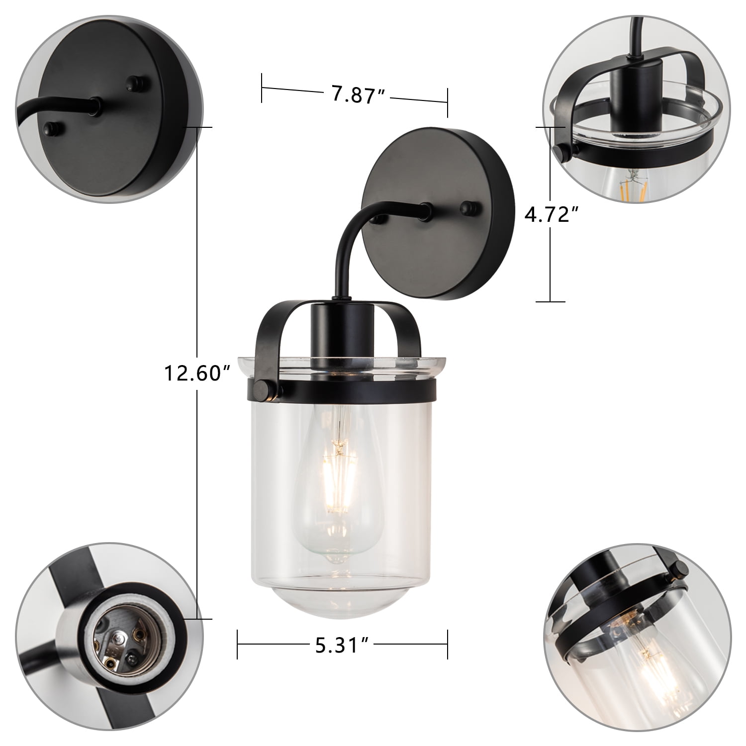 Gzxs Wall Lighting, 1 Light Matte Black Bathroom Light Fixtures, Metal Vanity Light with Clear Glass Shade, Vintage Industrial Wall Lamp for Indoor Mirror, Living Room, Hallway (Bulbs Not Included)