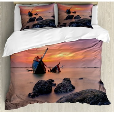 Ocean Decor King Size Duvet Cover Set, Sunken Aground Boat Vessel in Foggy Water before Exquisite Sky at Sunset Image, Decorative 3 Piece Bedding Set with 2 Pillow Shams, Orange Grey, by Ambesonne
