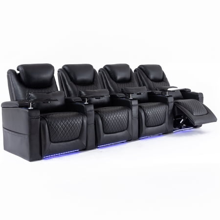 Home Theater Seating Seats, Theater Recliner Chair Sofa Game Movie Theater Chairs with 7 Colors Ambient Lighting, Lumbar Pillow, Side Pocket, Tray Table, Power Recline, Black