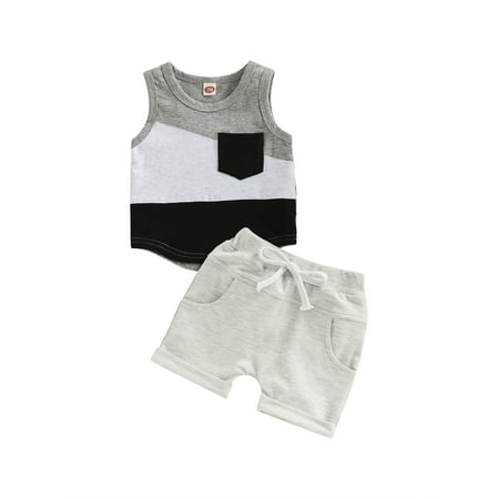 

Toddler Infant Baby Boy Summer Shorts Set Color Block Sleeveless Tank Top T Shirt and Casual Shorts Outfit Clothes (A-grey black 0-6 Months)