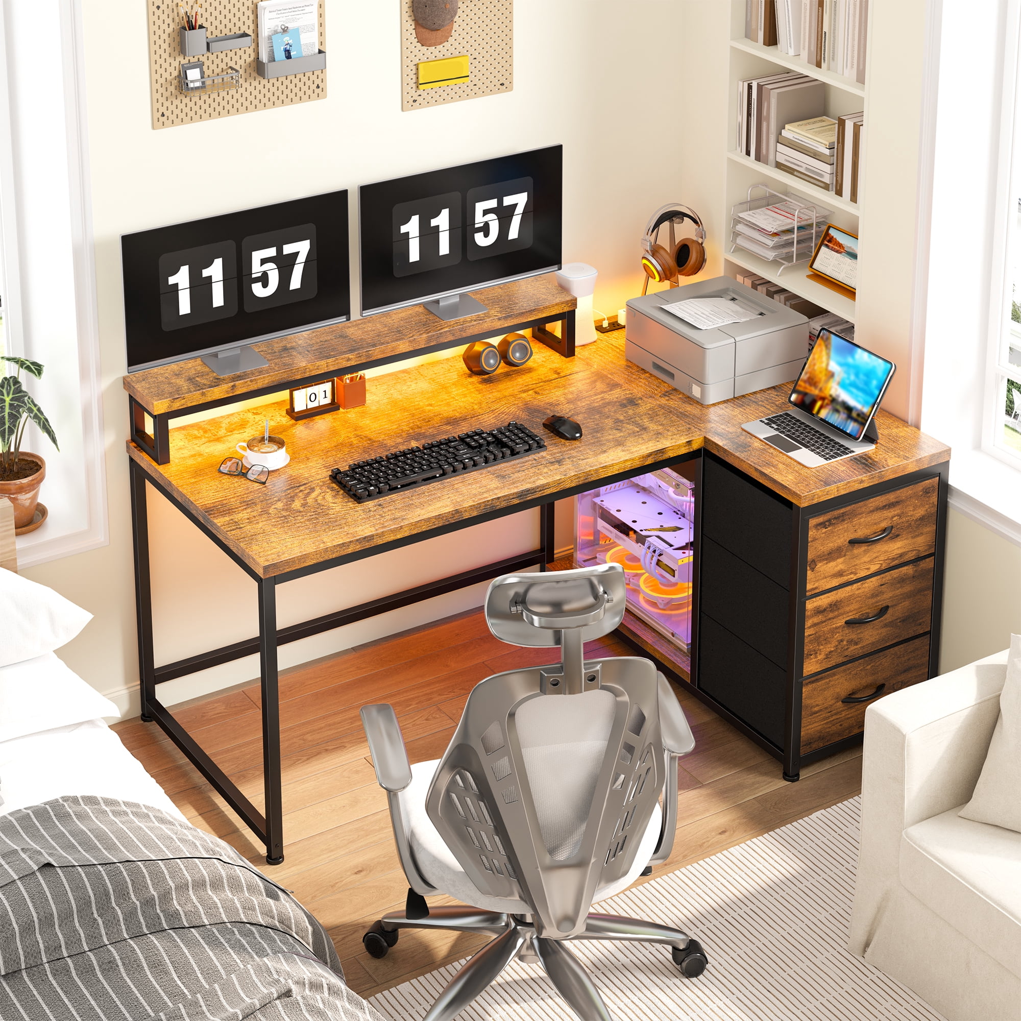 40"L Computer Desk l Shaped Gaming Desk with LED Lights & Power Outlet Desk with Drawers Reversible Corner Desk with Monitor Stand for Gaming Room,Home Office,Bedroom,Rustic Brown