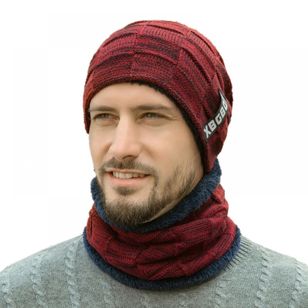 Ayyufe Men Hat Solid Color Plush Lining Autumn Winter Warm Knitting Cap Scarf Face Cover for Outdoor, Men's, Size: One size, Red