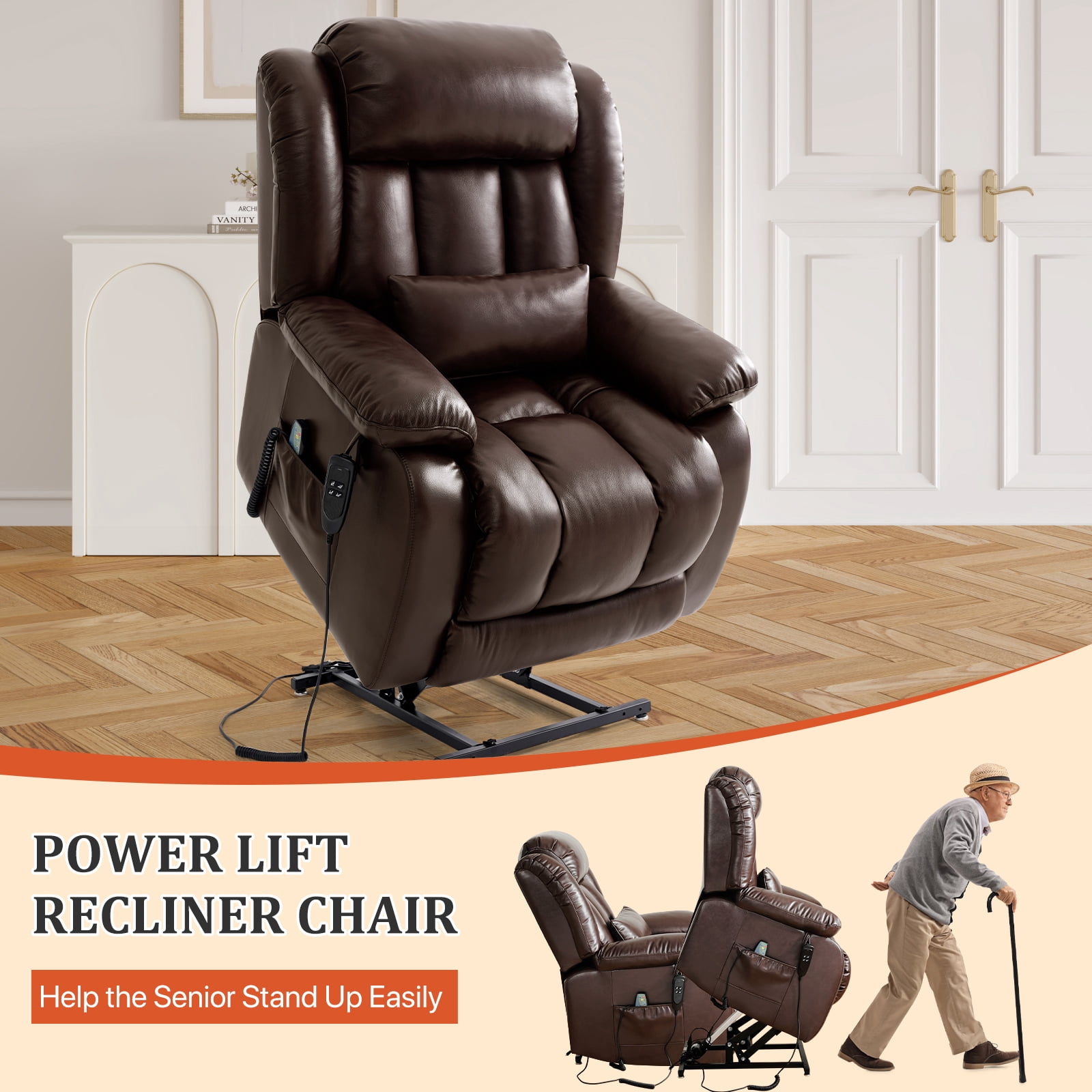 TEKAMON Infinite Position Lift Recliner Chair for Elderly with Heat Massage and Extended Footrest Lay Flat Sleeping Leather Dual Motor Power Lift Chair for Living Room (Brown)