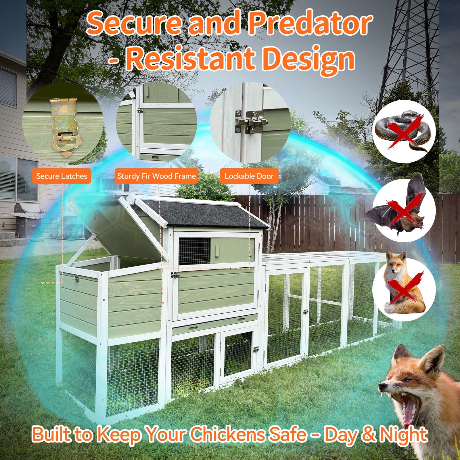 Wooden Chicken Coop, Large Outdoor Hen House with Run and Nesting Box Poultry Cage, Rabbit Hutch, Waterproof Anti-UV Panel for Backyard Grey Green