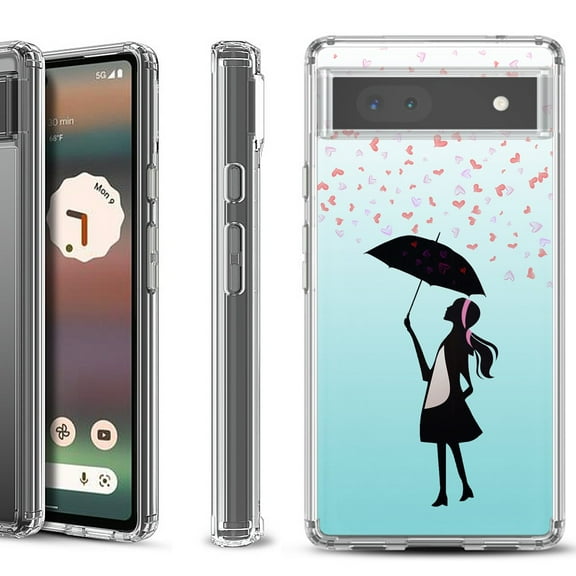 Shockproof Bumper Phone Case for Google Pixel 6a, by OneToughShield - Rain/Hearts