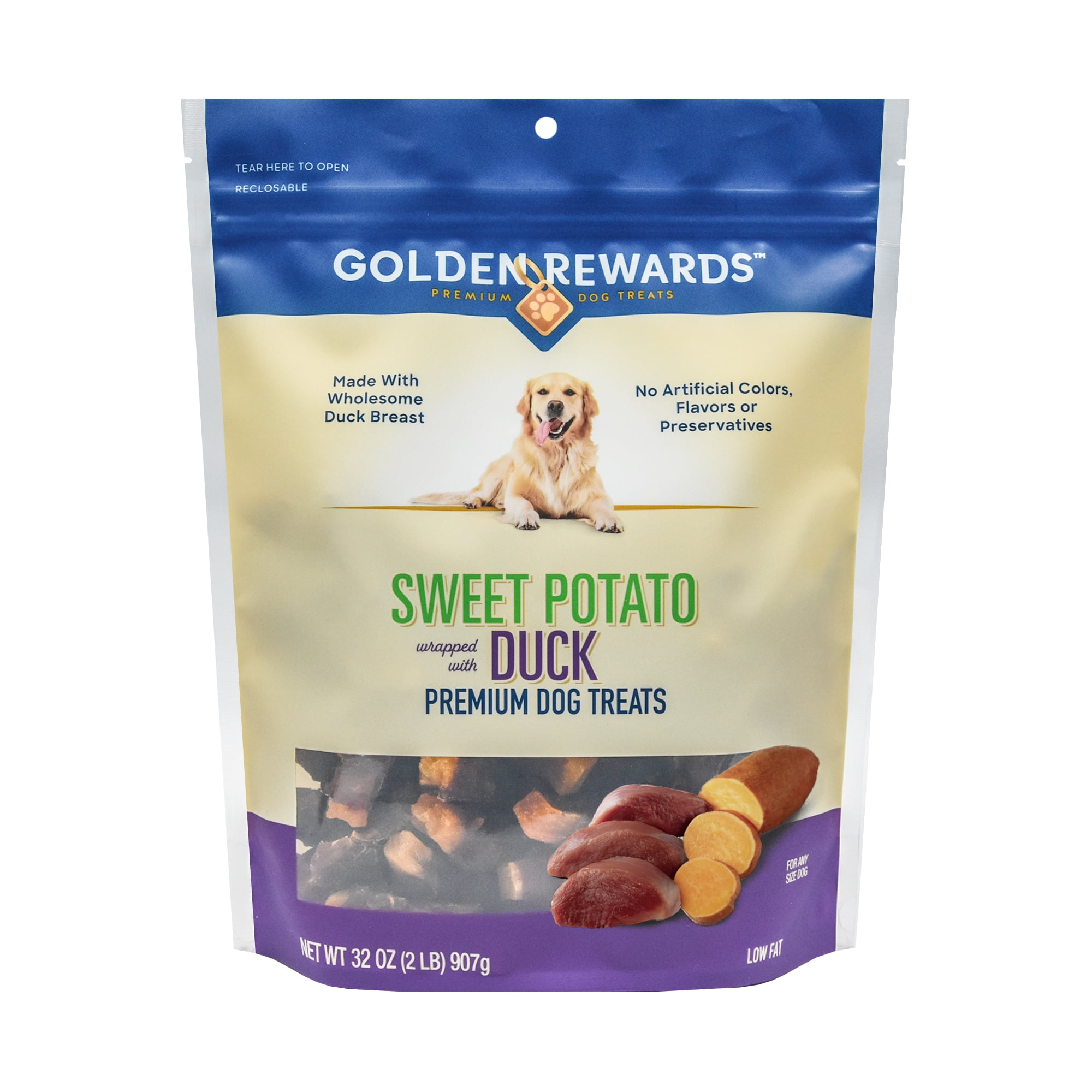 (2 pack) Golden Rewards Sweet Potato Wrapped with Duck Premium Dog Treats, 32 oz Bag