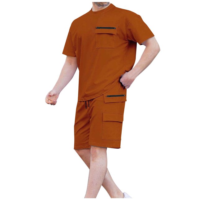 Ensemble Décontracté à Manches Courtes et Col Rond et Shorts à Taille Élastique avec Cordon pour Hommes, Mélange Coton Polyester, Noir, P