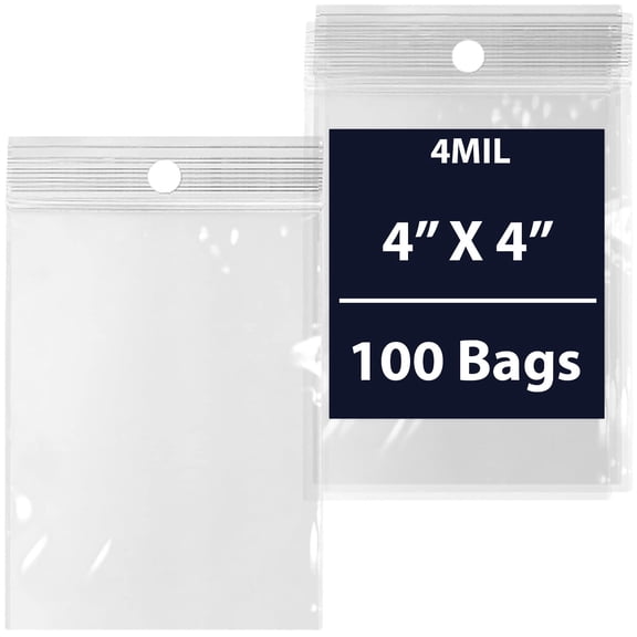 Reclosable Zip Poly Bags w/ Hang Hole 4Mil, 4" X 4" & 100 Bags | LDPE Material, Clear Plastic with Resealable Lock Seal Zipper | Hanging Display Packaging Bag for Travel, Storage and Jewelry