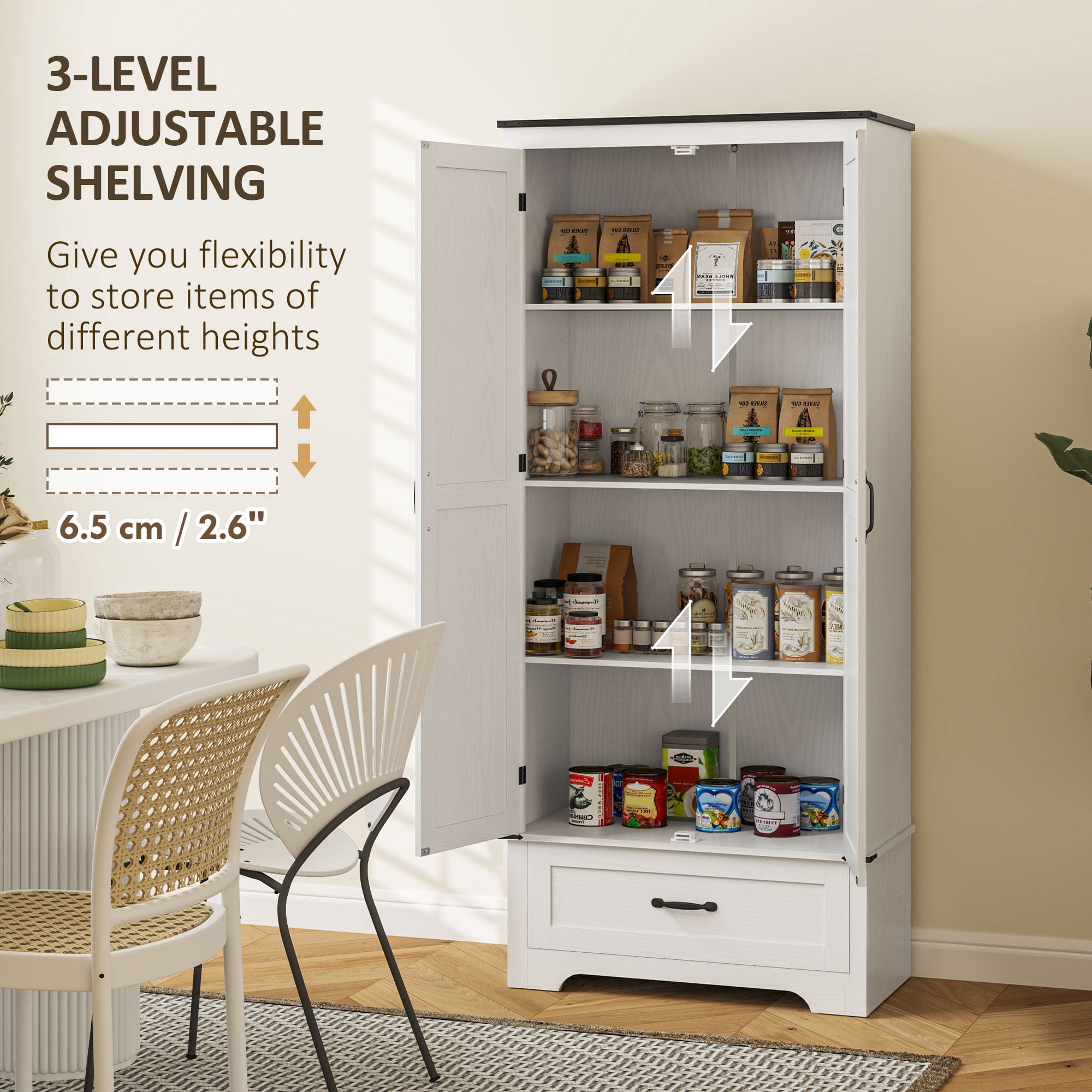 HOMCOM Farmhouse Pantry Cabinet, Kitchen Pantry Cabinet, Distressed White