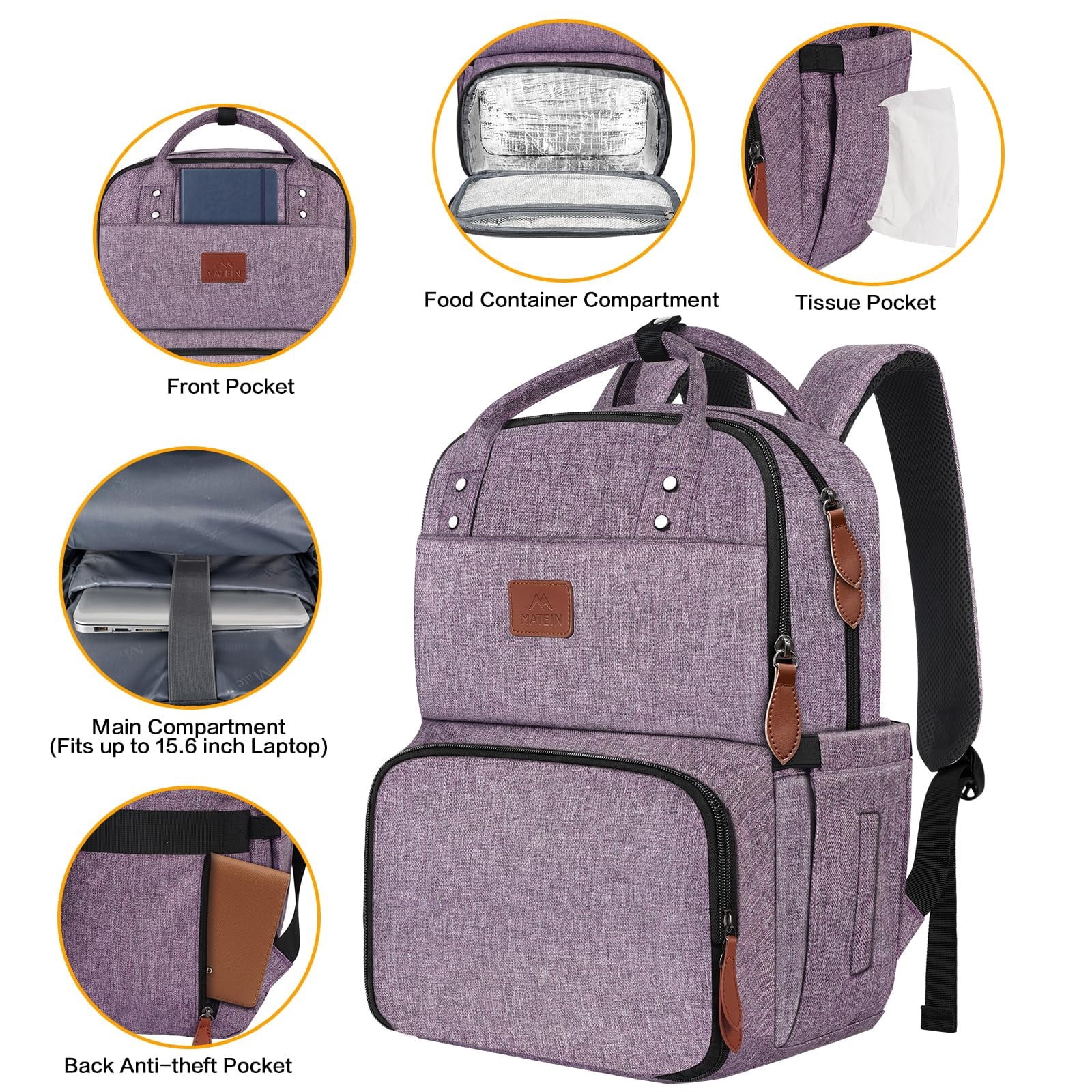 Matein Lunch Backpack, 15.6in Laptop Backpack with Insulated Compartment for Adults, Purple