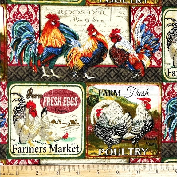 1 Yard - Chickens & Roosters Farm Fresh Eggs Block Cotton Fabric (Great for Quilting, Sewing, Craft Projects, Throw Pillows & More) 1 Yard X 44" Wide