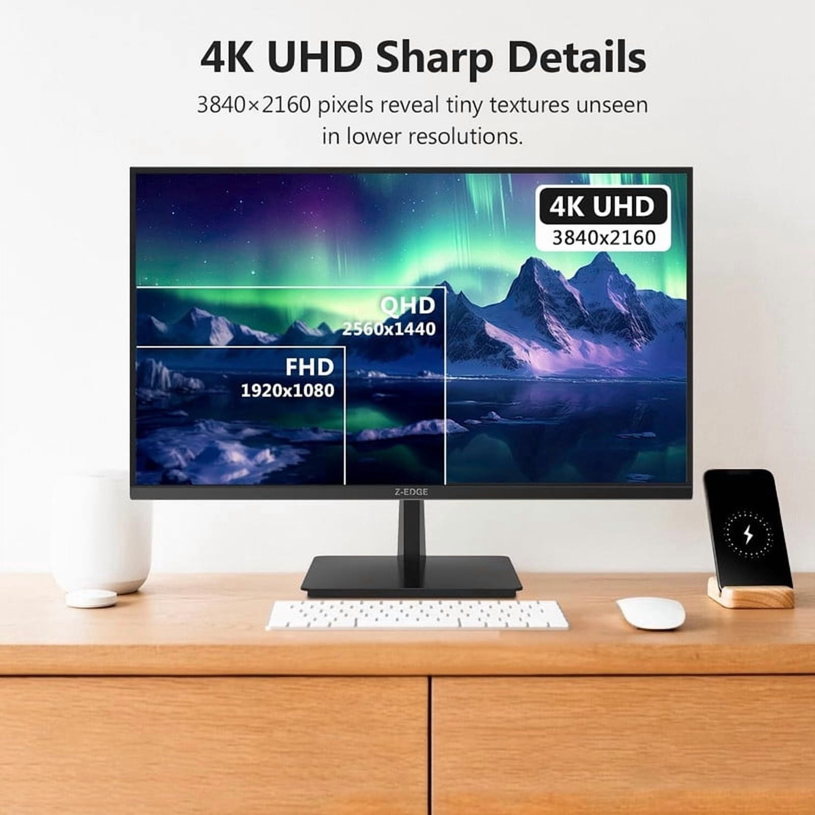 Z-EDGE 27 Inch 4K Monitor, Gaming Monitor, UHD 2160P IPS Display, AMD FreeSync, HDR Support, VESA Mount Compatible, Black