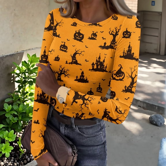 IYYVV Womnes Halloween Shirts Ribbed Round Neck Slim Fitted T Shirts Classic Pumpkin Print Long Sleeve Tee Tops Yellow M