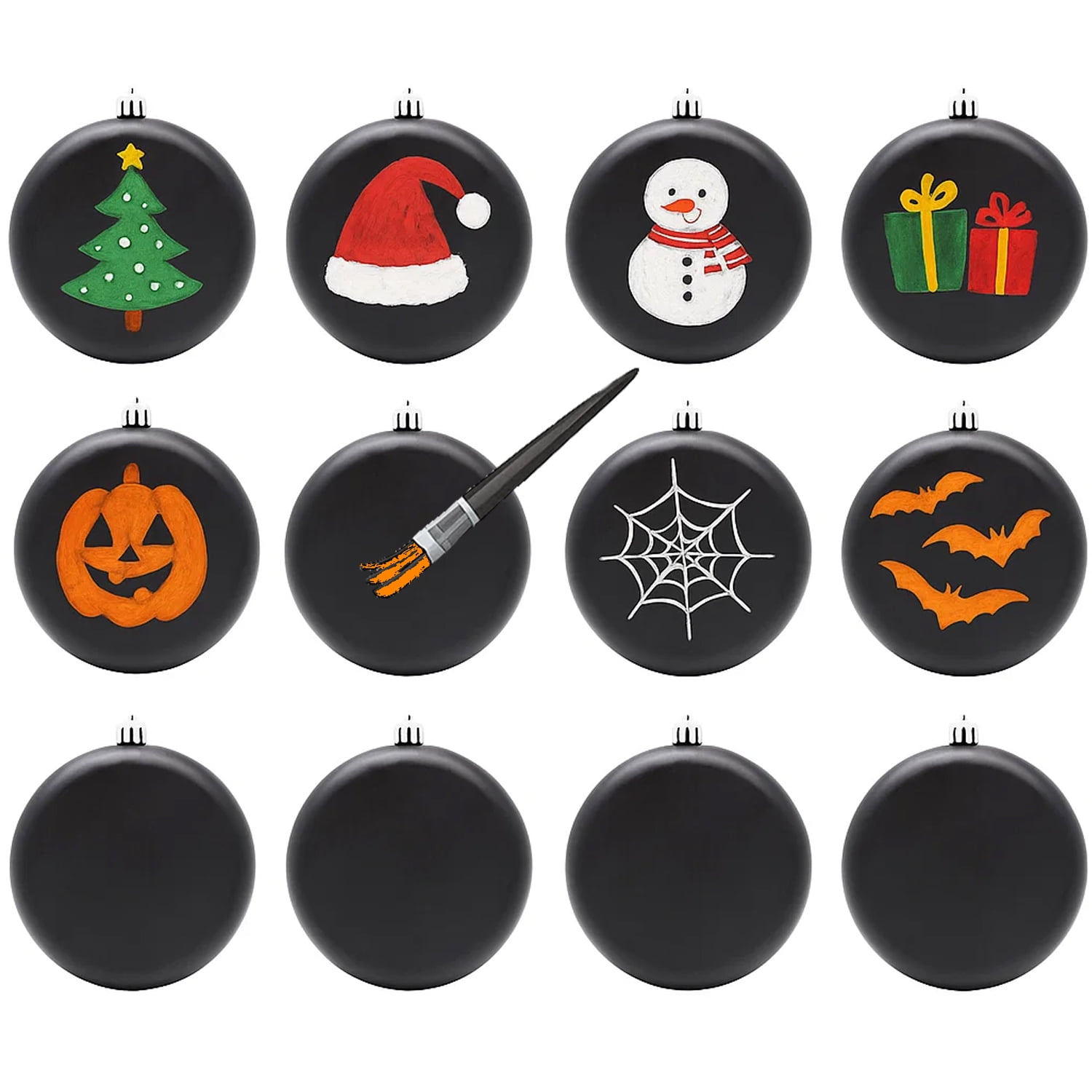 Sleetly DIY Christmas Ornaments Set for Kids and Adults - DIY Crafts, Painting, Drawing, Stickers, Decals, Large 4 inch, Matte Blank Flat Disc, Stencils Included, Black, Set of 12