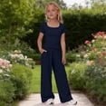 thumbnail image 6 of Ruyang Kids Girls 2 Piece Outfit Crew Neck Short Sleeve Top and Wide Leg Pants Summer Teens Solid Casual Sweatsuit Set, 6 of 9
