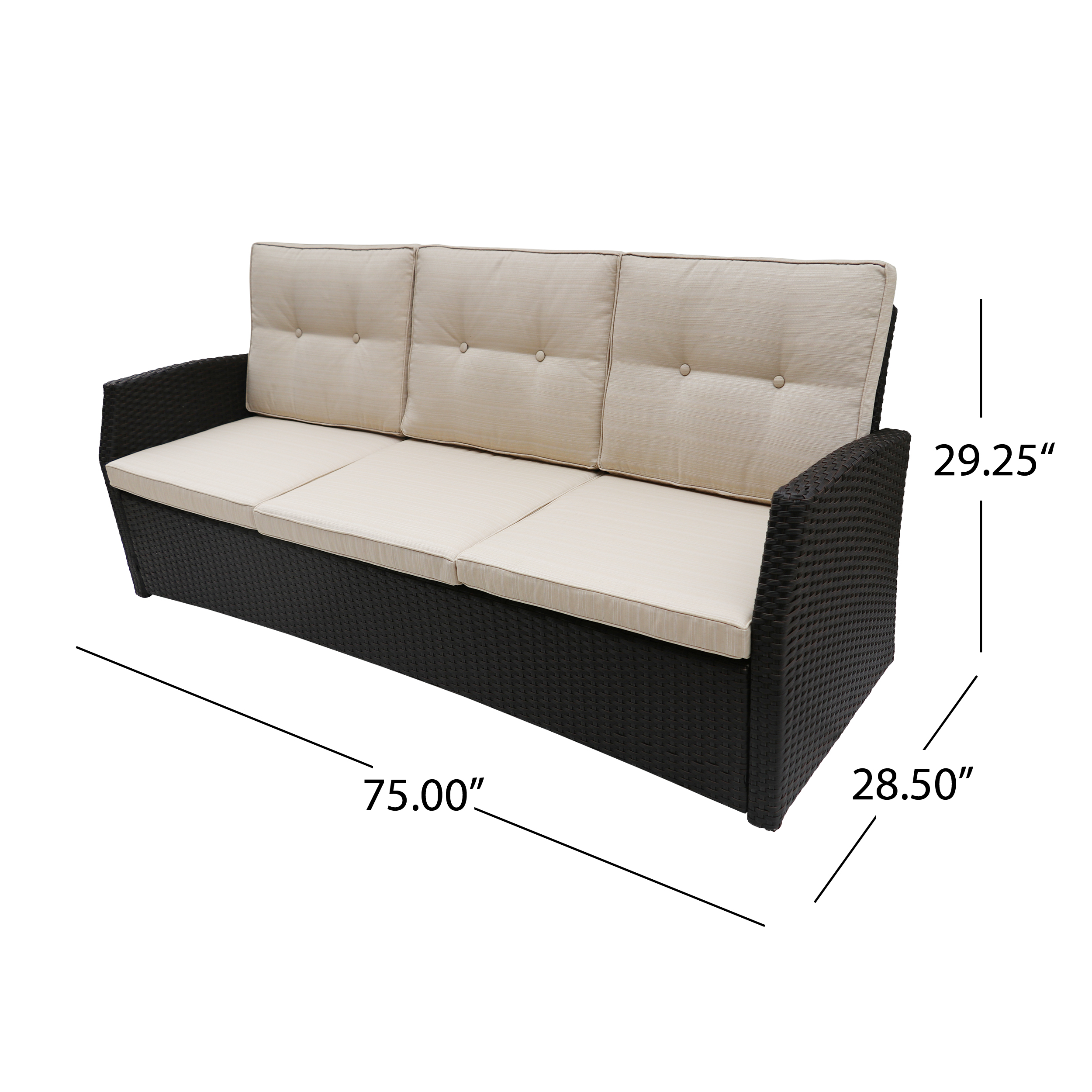 Sanger Outdoor Wicker 3 Seater Sofa with Cushion, Dark Brown, Beige