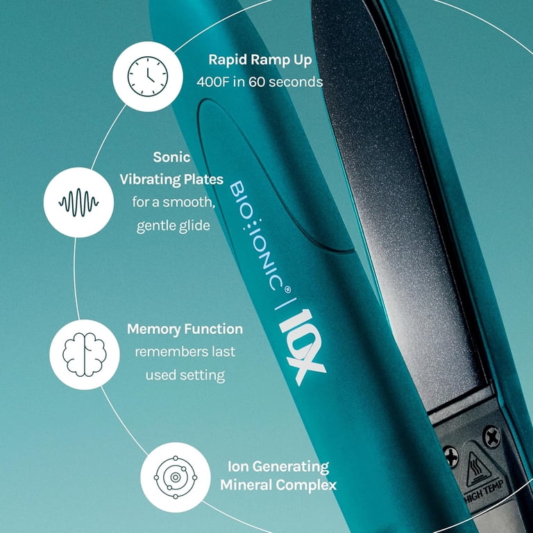 Bio Ionic Teal Tides 10X Styling Iron, 1 Inch Flat Iron with Sonic