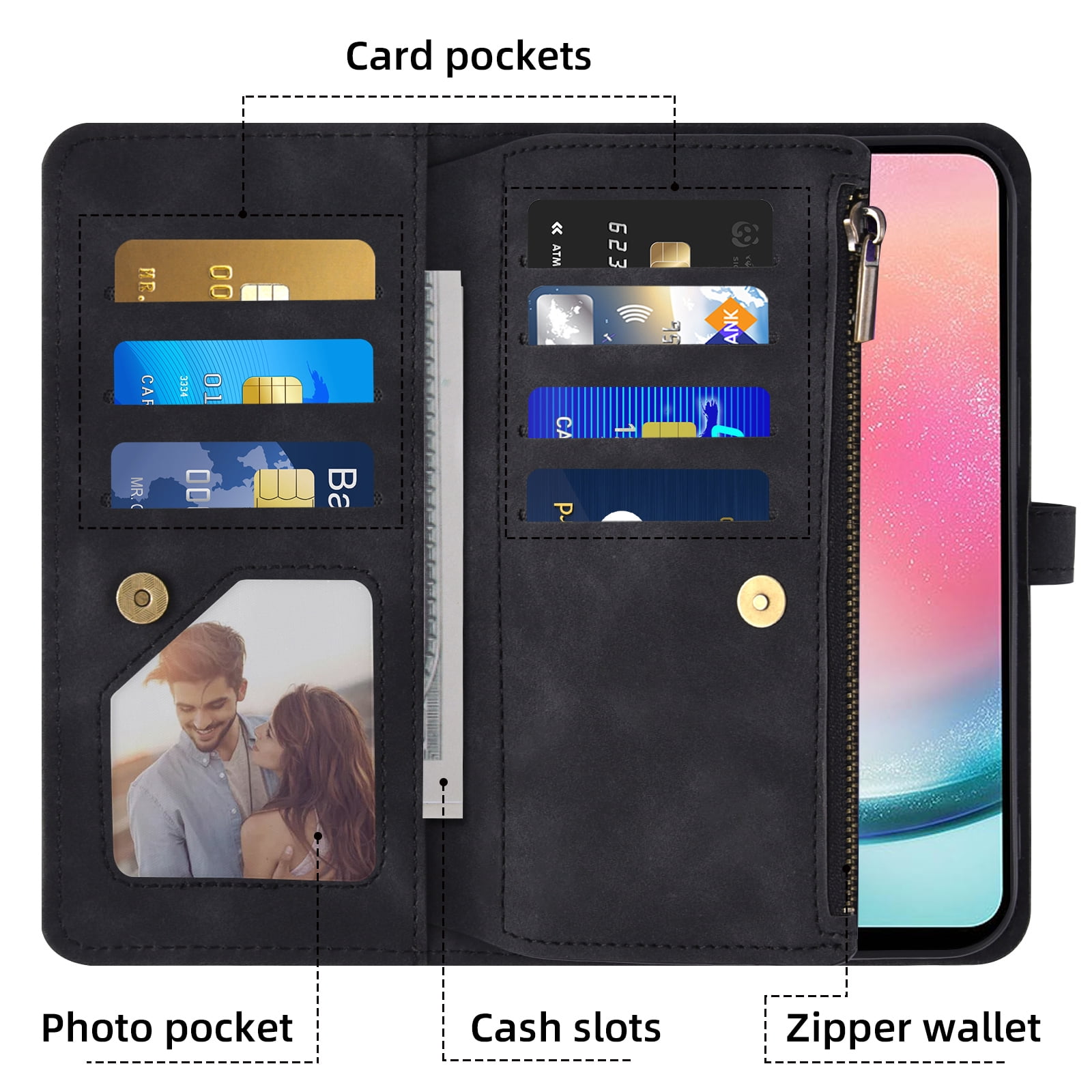 Asuwish Phone Case for Samsung Galaxy A25 5G Wallet Cover With Tempered Glass Screen Protector Crossbody Wrist Strap Flip Pattern Zipper Credit Card Holder Stand Cell A 25 25A SM-A256U Women Black