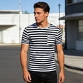 thumbnail image 2 of Rggeeun Men'S T-Shirt Stylish Thin White Black Stripes Pattern Short Sleeve Round Neck Relaxed Fit Knit For Summer Baseball Sports Trendy Tee,Black,L, 2 of 4